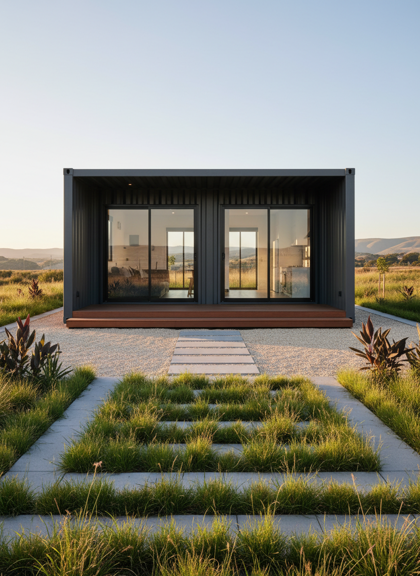 A modern converted shipping container tiny home composed of two matte charcoal grey containers joined side by side, featuring large floor-to-ceiling glass sliding doors and slim black aluminum frames. The structure sits on a clean gravel pad with neatly edged concrete stepping stones leading to a small timber deck. Surrounding the home are low-maintenance native grasses and a few sculptural shrubs, all arranged in a precise, geometric pattern. Soft late-afternoon natural light creates gentle highlights on the corrugated steel walls and subtle shadows under the overhanging roofline. Photographed at eye level with sharp focus throughout and a balanced, symmetrical composition, the scene conveys a professional, corporate aesthetic and demonstrates a practical, budget-conscious housing solution in polished photographic realism.