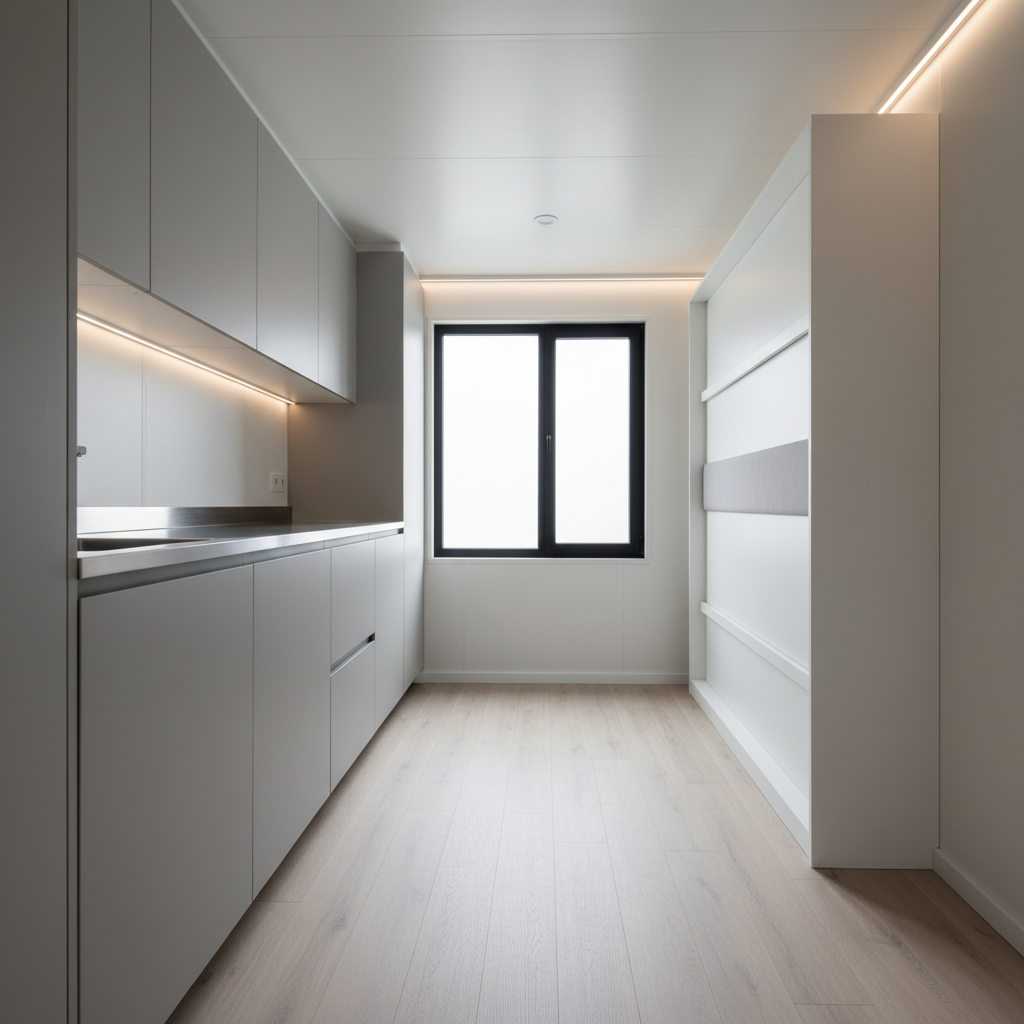 An impeccably organized interior of a single-container studio residence, with white insulated walls, pale oak-look vinyl plank flooring, and integrated LED strip lighting running along the ceiling edges. On one side, a compact built-in kitchenette with flat-front matte grey cabinets, a slim stainless-steel countertop, and an under-mounted sink aligns perfectly. Opposite, a fold-down wall bed with a minimal, upholstered headboard is shown in the closed, flush position, emphasizing the efficient use of space. A large rectangular window with a black frame brings in diffused daylight, casting soft, even illumination and faint shadows along the floor. Captured from a wide-angle lens at eye level, the composition showcases depth from foreground to background, highlighting the clean lines, neutral color palette, and professional, minimalist container conversion design.
