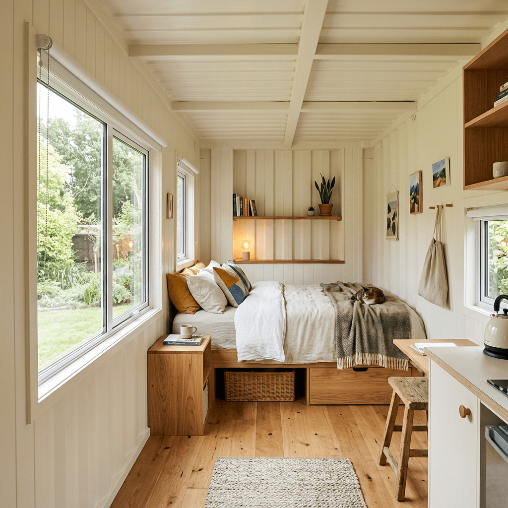 Compact bedroom with bed, window, wooden furniture, and a cat sleeping on the blanket