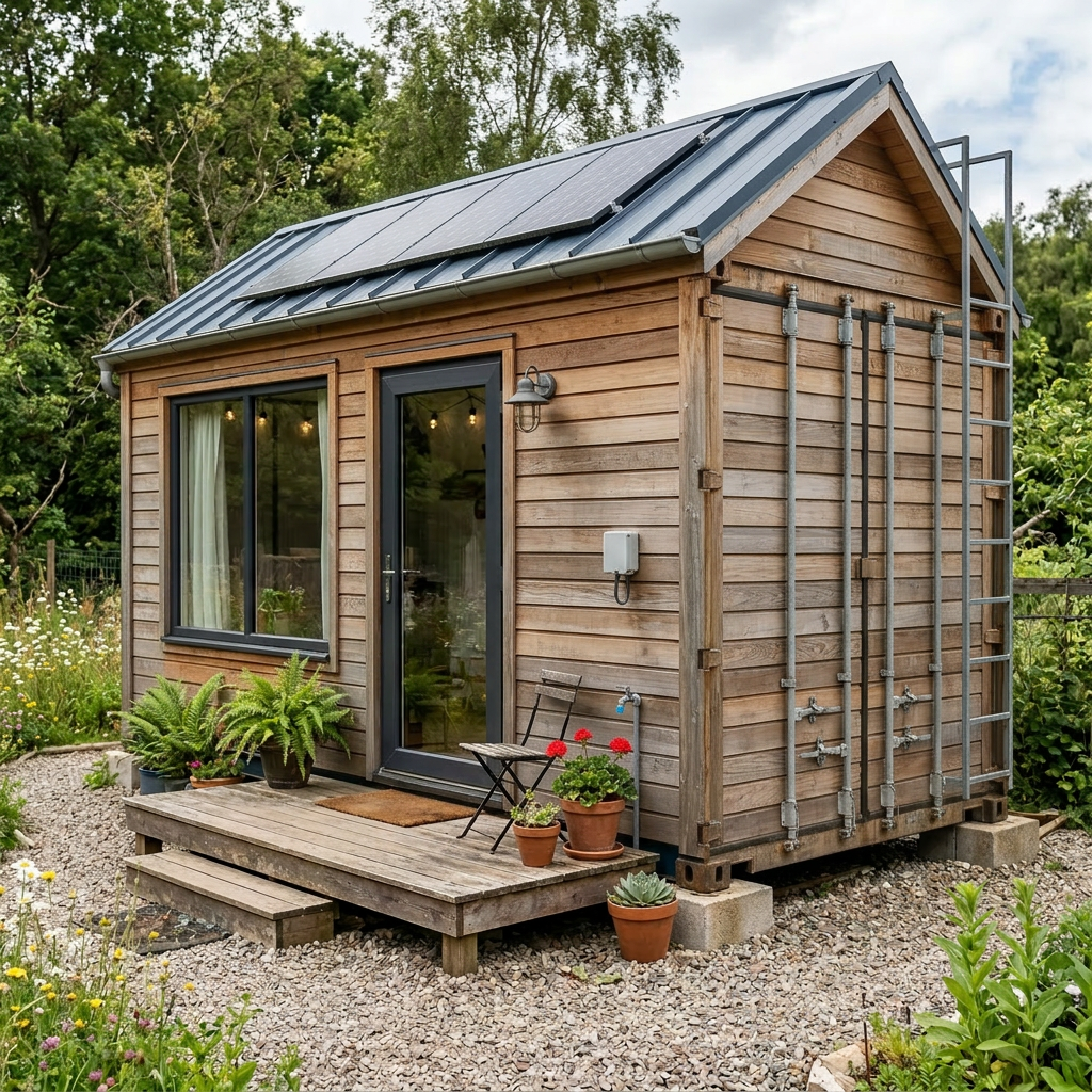 Blue shipping container converted into a small house with glass door, window, plants, and solar panel on roof