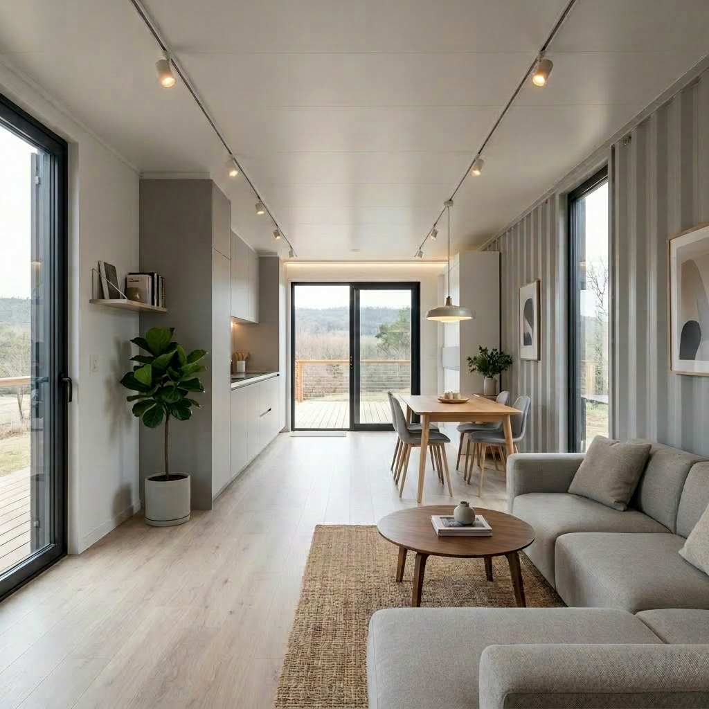 Open-plan living room and dining area with beige sofa, wooden dining table, and large windows