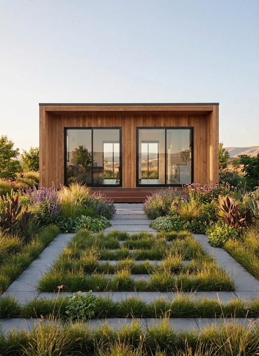 tiny homes housing solution mobile A modern converted shipping container tiny home composed of two matte charcoal grey containers joined side by side, featuring large floor-to-ceiling glass sliding doors and slim black aluminum frames. The structure sits on a clean gravel pad with neatly edged concrete stepping stones leading to a small timber deck. Surrounding the home are low-maintenance native grasses and a few sculptural shrubs, all arranged in a precise, geometric pattern. Soft late-afternoon natural light creates gentle highlights on the corrugated steel walls and subtle shadows under the overhanging roofline. Photographed at eye level with sharp focus throughout and a balanced, symmetrical composition, the scene conveys a professional, corporate aesthetic and demonstrates a practical, budget-conscious housing solution in polished photographic realism.